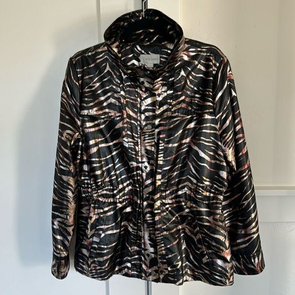 Erin London Women’s Cotton Blend Zebra Print Metallic Front Zip Up & Snap Size L - Picture 2 of 14